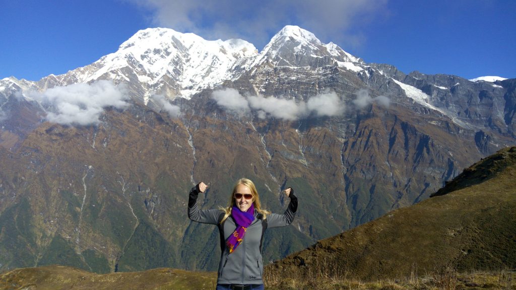 Pure happiness. View on Annapurna mountains on Mardi Himal Trek in Nepal.