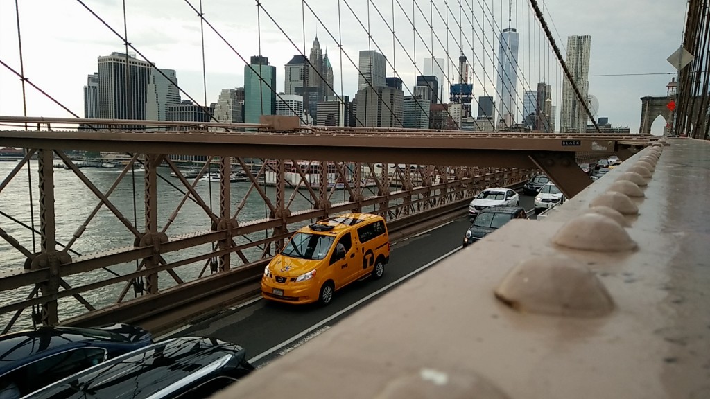 Brooklyn Bridge with a yellow cab